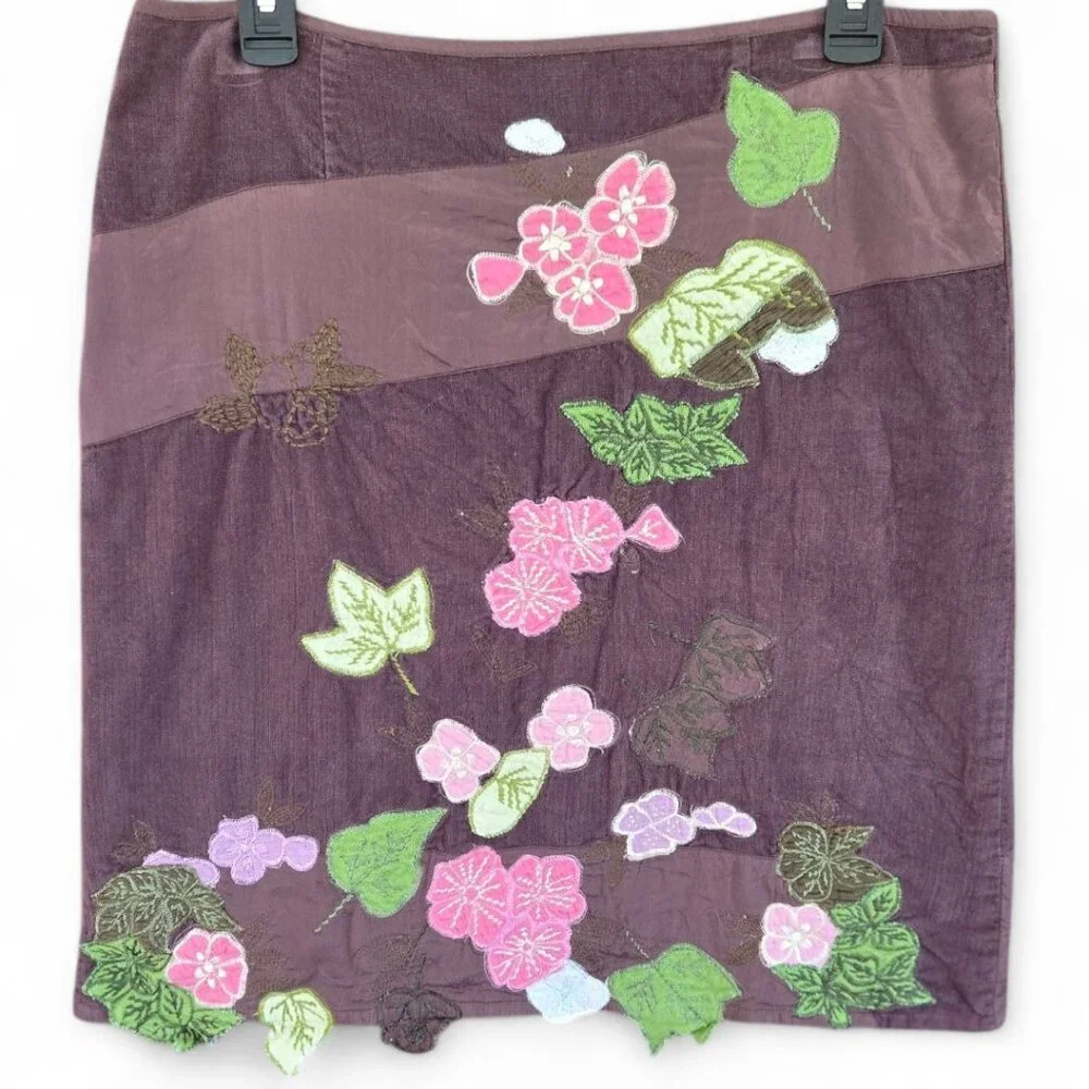 Vintage Persaman New York Corduroy Floral Embroidered & Applique Skirt Size 10 - Picture 1 of 4